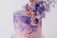 04 a breathtaking blush to purple watercolor wedding cake decorated with copper glitter, fresh lilac and pink blooms is a bold statement