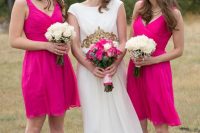 06 bridesmaids wearing hot pink knee bridesmaid dresses with draped bodices and thick straps plus black shoes look nice and bold