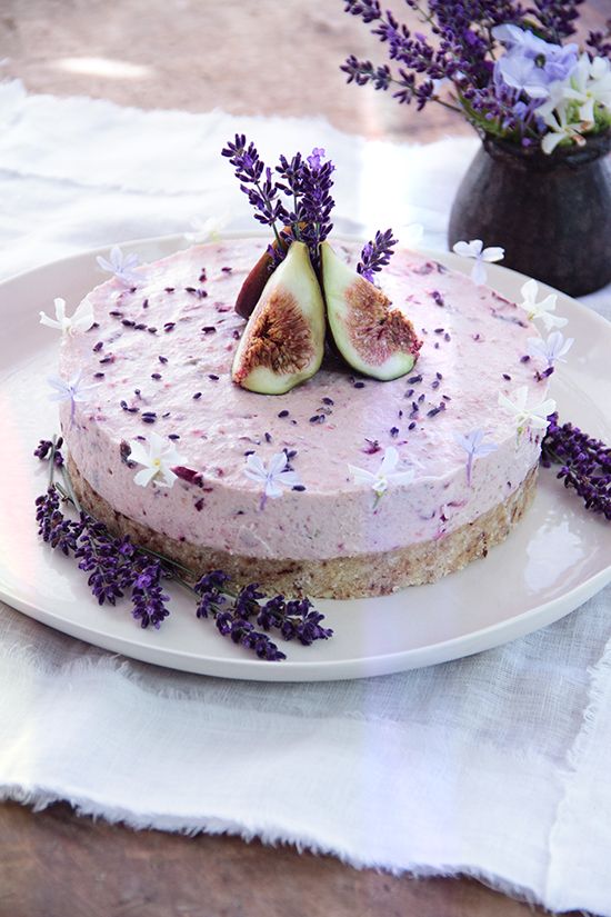 a creamy, dreamy, lilac coloured raw lavender cake, with coconut, fresh cherries and figs is a gluten and dairy free solution for your wedding
