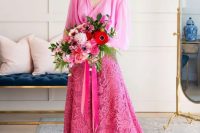 07 a gorgeous hot pink bridal look with a plain wrap top and a lace maxi skirt plus a bold hot pink and red wedding bouquet with hot pink ribbons
