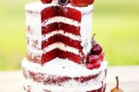 09 a red velvet naked wedding cake with fresh figs, pears, cherries and other fruit is an amazing idea for a fall boho wedding