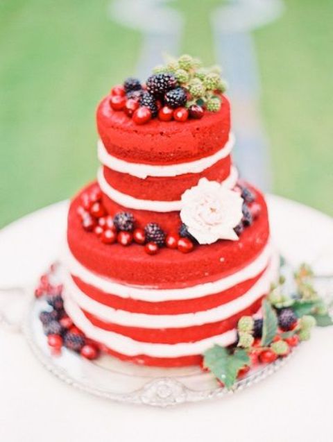 a red velvet wedding cake with blackberries, cherries, a blush bloom for a gorgeous summer wedding with a boho or rustic feel