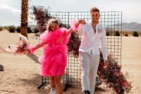 13 a hot pink tulle knee wedding dress with illusion sleeves for a colorful and super fun wedding with a touch of party fun
