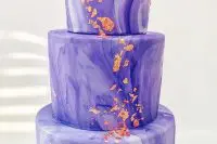20 a purple marble wedding cake with copper foil decor is a stylish and bold idea for a modern wedding with purple shades
