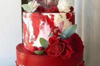 21 a chic red wedding cake with geode touches, red and white watercolors, red roses, raspberries and sugar splashes on top is a work of art