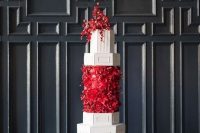 22 a jaw-dropping wedding cake with white geometric tiers, with a red flower tier and some red flowers on top is a fantastic idea for a refined wedding