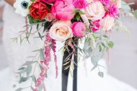 24 a fantastic wedding bouquet of hot pink peonies, blush roses, white anemones, astilbe and lots of textural greenery plus black ribbons