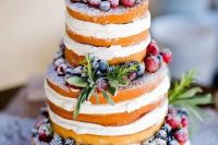 25 a naked wedding cake with greenery and sugared berries is a perfect option not only for a winter wedding