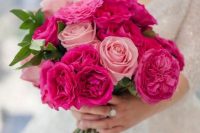28 a gorgeous wedding bouquet of pink roses and hot pink peony roses is a stylish idea for a glam bride