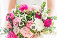 37 a refined and contrasting wedding bouquet of white, light and hot pink blooms, greenery and bouquet fillers is a lovely idea