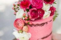 44 a pretty hot pink wedding cake with a bit of frosting, with hot pink and white blooms, berries and a bit of greenery is cool for your wedding