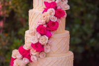 45 a refined patterned wedding cake with blush, lilac and hot pink roses is a gorgeous and statement idea for a glam and vintage-infused wedding