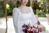 28 a romantic wedding dress with a square neckline, puff sleeves and a pleated skirt is a beautiful idea to go for
