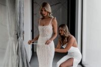 31 a super glam fully embellished mermaid wedding dress with a square neckline and thick straps for a modern glam bride
