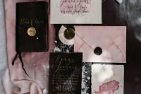 11 a fantastic pink, blush and black invitation suit with calligraphy for a glam rock wedding