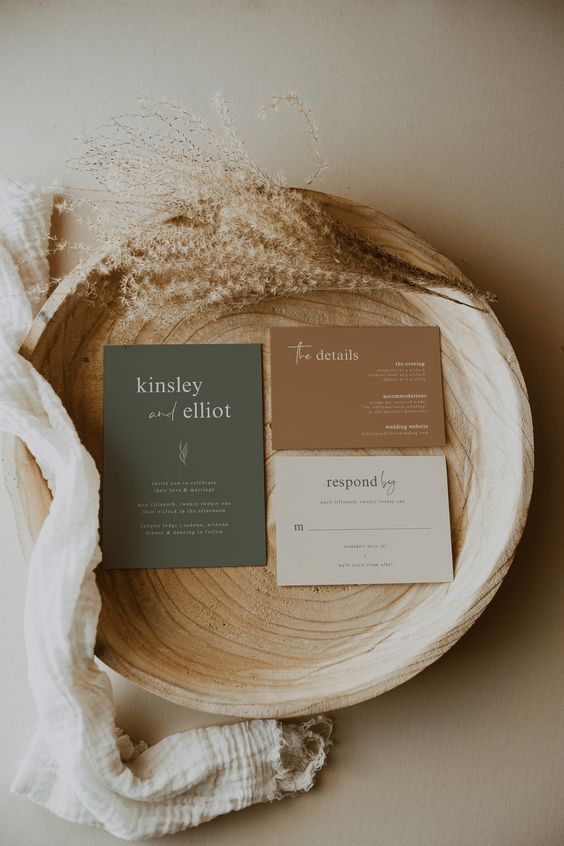 a beautiful minimalist wedding invitation suite with a rust, green and neutral part and modern lettering is amazing for a fall wedding