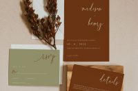 13 a bold minimalist wedding invitation suite with burgundy and green parts and a bit of calligraphy is a chic idea