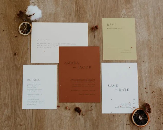 a bright minimalist fall wedding invitation suite with colorful parts and modern letterpressing is a lovely idea for a fall celebration