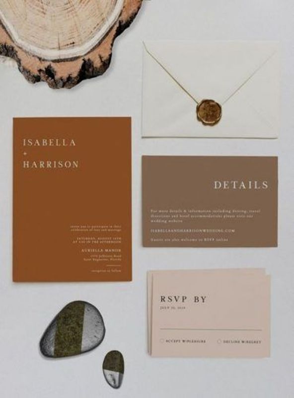 a simple and minimal fall wedding invitation suite with rust, brown and blush parts and modern lettering is a cool idea for the fall