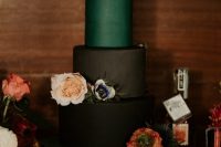 29 a fantastic rock wedding cake with black and a green tiers, blush and red blooms is a perfect idea for a moody rock wedding