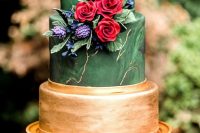 37 a statement green marble and gold wedding cake with fresh and sugar blooms of jewel tones and foliage