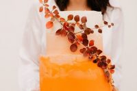 46 a bold orange ombre wedding cake with textural tiers and bold foliage is amazing for a bright fall wedding