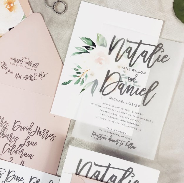 a blush, watercolour floral and vellum invite, with modern black calligraphy and floral prints is fantastic