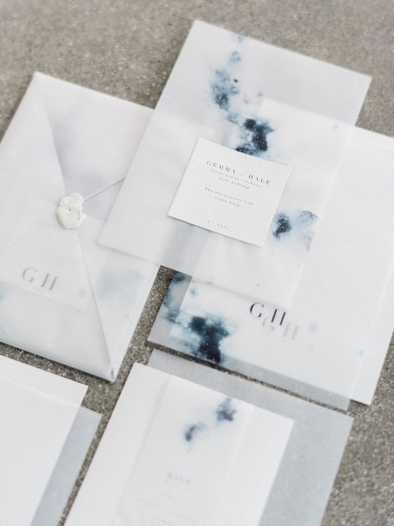 a delicate and chic wedding invitation suite with vellum envelopes and white and navy watercolor invites for a celestial wedding