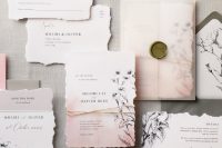 a gorgeous suite combines delicate watercolours with mixed textures stunning ink etchings and blush vellum