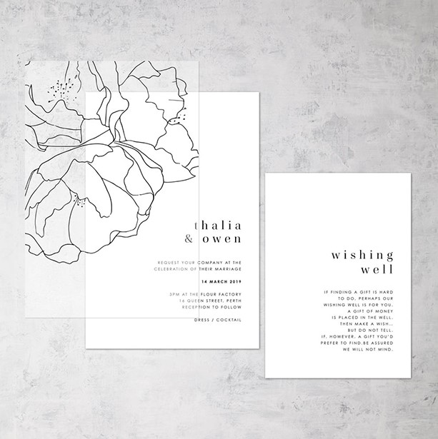 a modern botanical design with vellum overlay, with a classic black and white color scheme is seriously cool