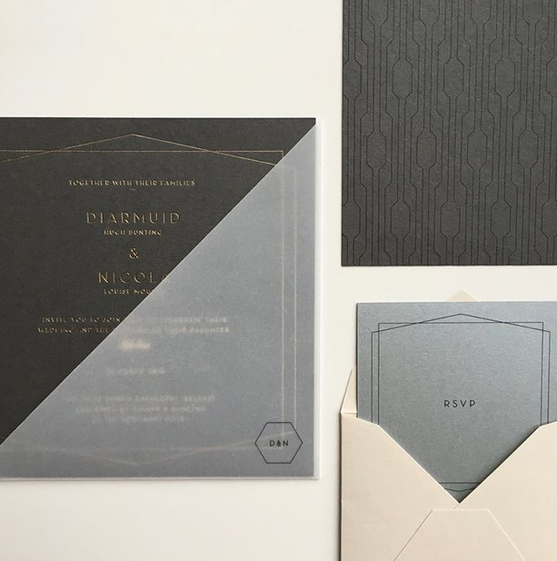 a moody black, grey and ivory wedding invitation suit, a corner cut vellum pocket, gold details and patterns for a chic wedding