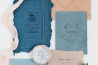 a pretty and chic organic wedding invitation suite with tan, light blue and navy pieces, a raw edge and some ribbons is amazing for a beach wedding