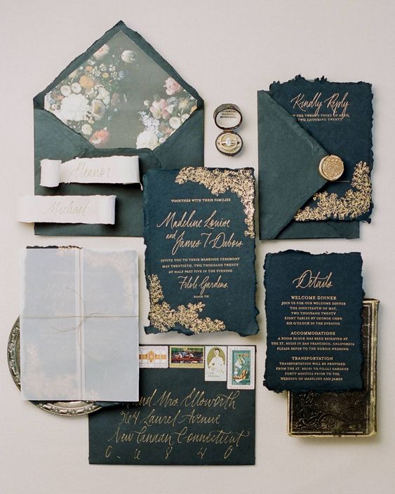a sophisticated black wedding invitation suite including handmade paper, with a raw edge and gold callirgaphy and prints