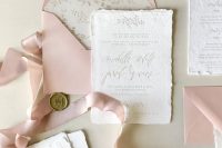 a subtle and neutral wedding invitation suite with blush and white pieces, botanical prints and calligraphy is a beautiful idea for spring