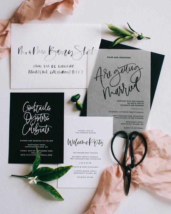 an ultra-modern black and white wedding invitation suite with bold modern calligraphy and a vellum piece is amazing