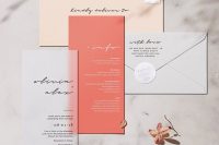 modern and minimal pairing of this coral and vellum invitation suite, with modern calligraphy and a simple seal