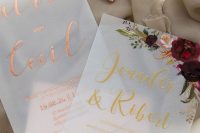 vellum wedding invitations with copper and gold calligraphy and floral prints is a great idea for a wedding