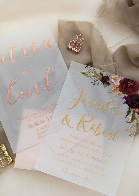 vellum wedding invitations with copper and gold calligraphy and floral prints is a great idea for a wedding