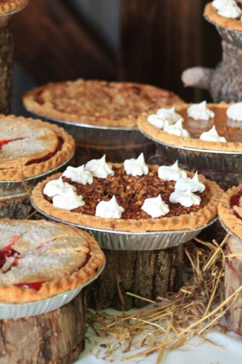 a rustic wedding dessert table done with tree stumps holding delicious homemade pies is amazing for a rustic wedding