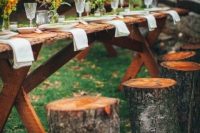 32 a rustic wedding tablescape with a living edge table and tree stumps as stools, bright blooms and neutral linens can be composed by you yourself