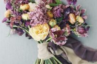 17 a gorgeous fall wedding bouquet of purple and burgundy blooms, yellow peony roses and greenery and neutral ribbon is a lovely idea