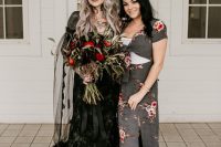 22 a romantic rock n roll bridal look wiht a black lace off the shoulder wedding dress, a cool tiara, a black veil, multiple piercings and grey hair