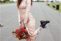 23 a sexy rose gold sequin wedding dress with a very deep neckline, black boots and a dark lip for a rock n roll wedding