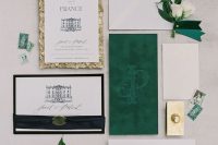 a beautiful and sophisticated wedding invitation suite with a green velvet envelope, an invite with gold foil and a chic painted castel part