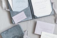 a beautiful grey velvet wedding invitation suite with neutral, lilac and grey invites, calligraphy and printing is amazing