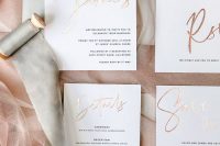 a beautiful modern wedding invitation suite with a light green envelope and neutral invites plus gold foil calligraphy is chic