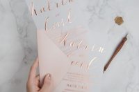 a chic modern wedding invitation suite with vellum and copper foil calligraphy plus a blush envelope is a lovely idea