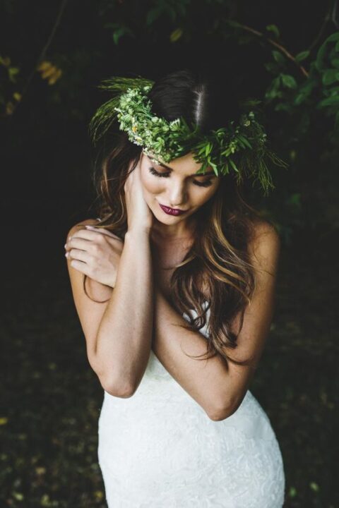 a dimensional and textural greenery bridal crown wiht a touch of bloom is a lovely idea for a spring or summer wedding