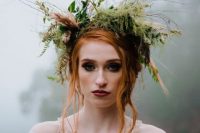 a dimensional and textural wild greenery crown with various types of foliage and twigs plus wheat is a gorgeous idea for a free-spirited wedding