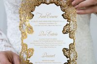 a fantastic white and gold wedding menu with laser cit floral edges will blow your mind for sure